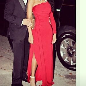 Long red one shoulder gown
